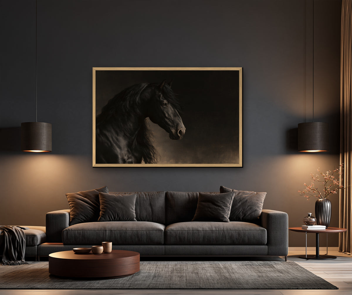 Le Frison framed canvas in a dark living room