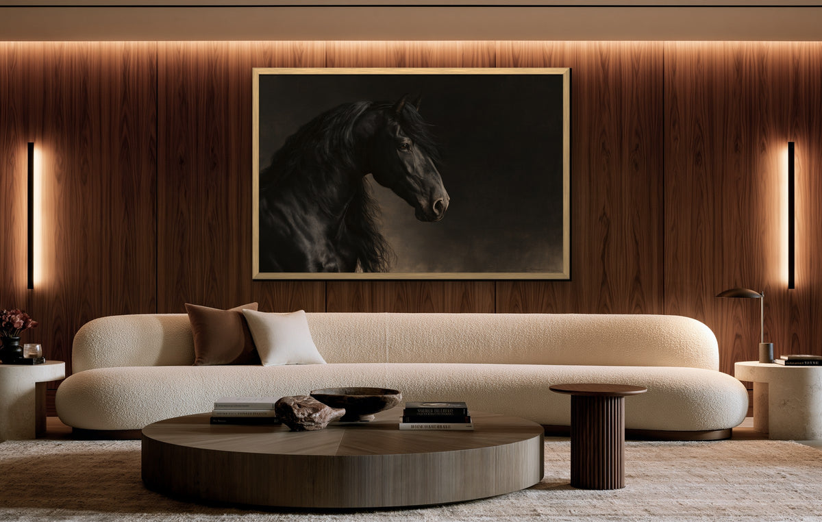 Le Frison framed canvas in a walnut-paneled living room