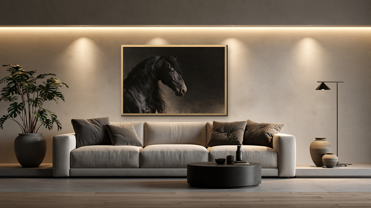 Le Frison framed canvas in a concrete loft living room