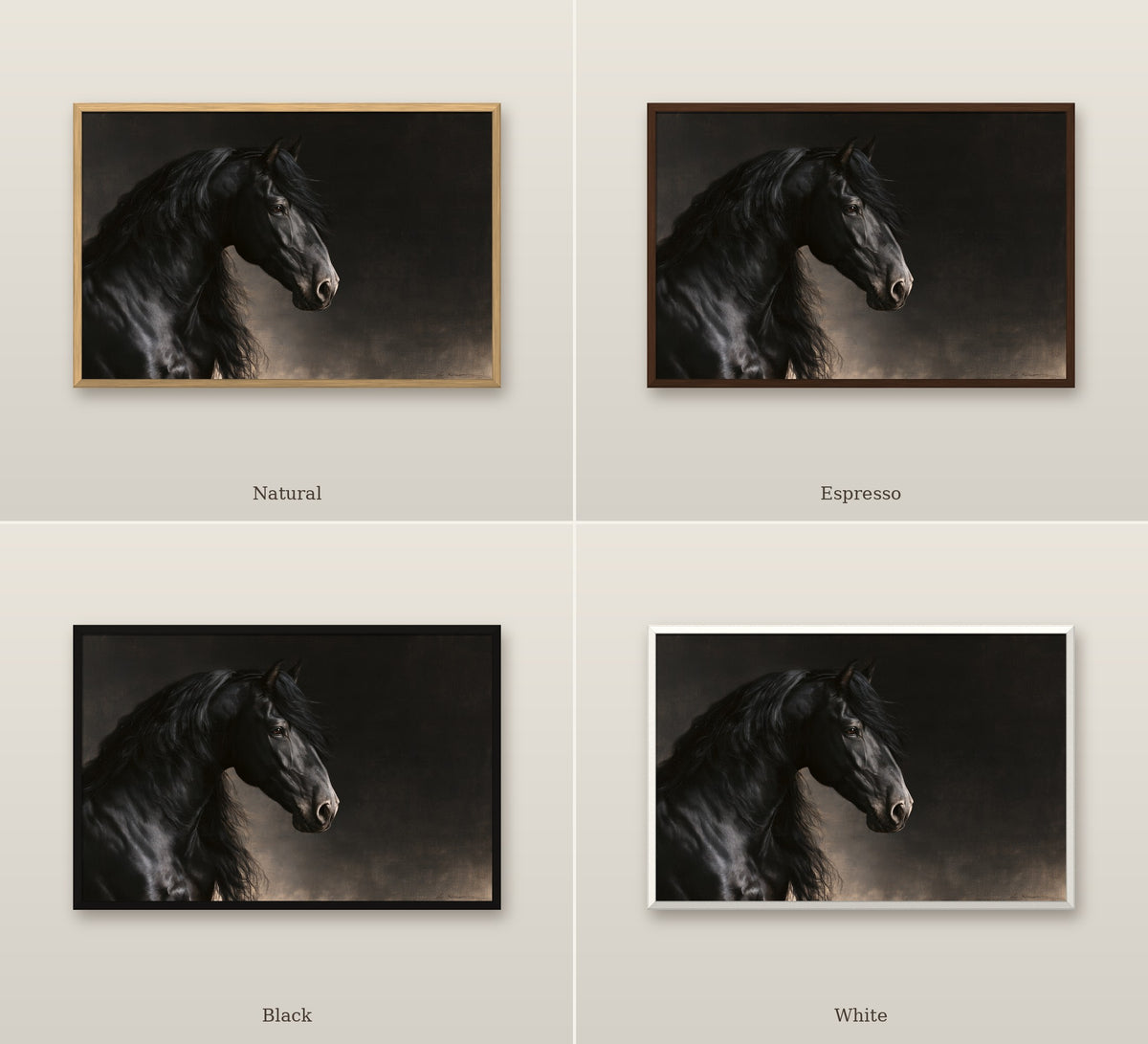 Le Frison framed canvas in four frame colors: Natural, Espresso, Black, White
