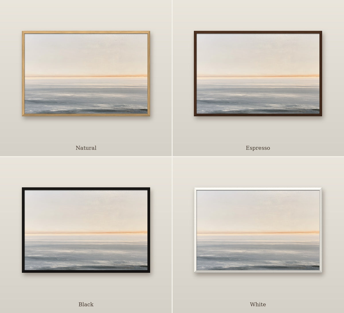 Ligne Dorée framed canvas in four frame colors: Natural, Espresso, Black, White