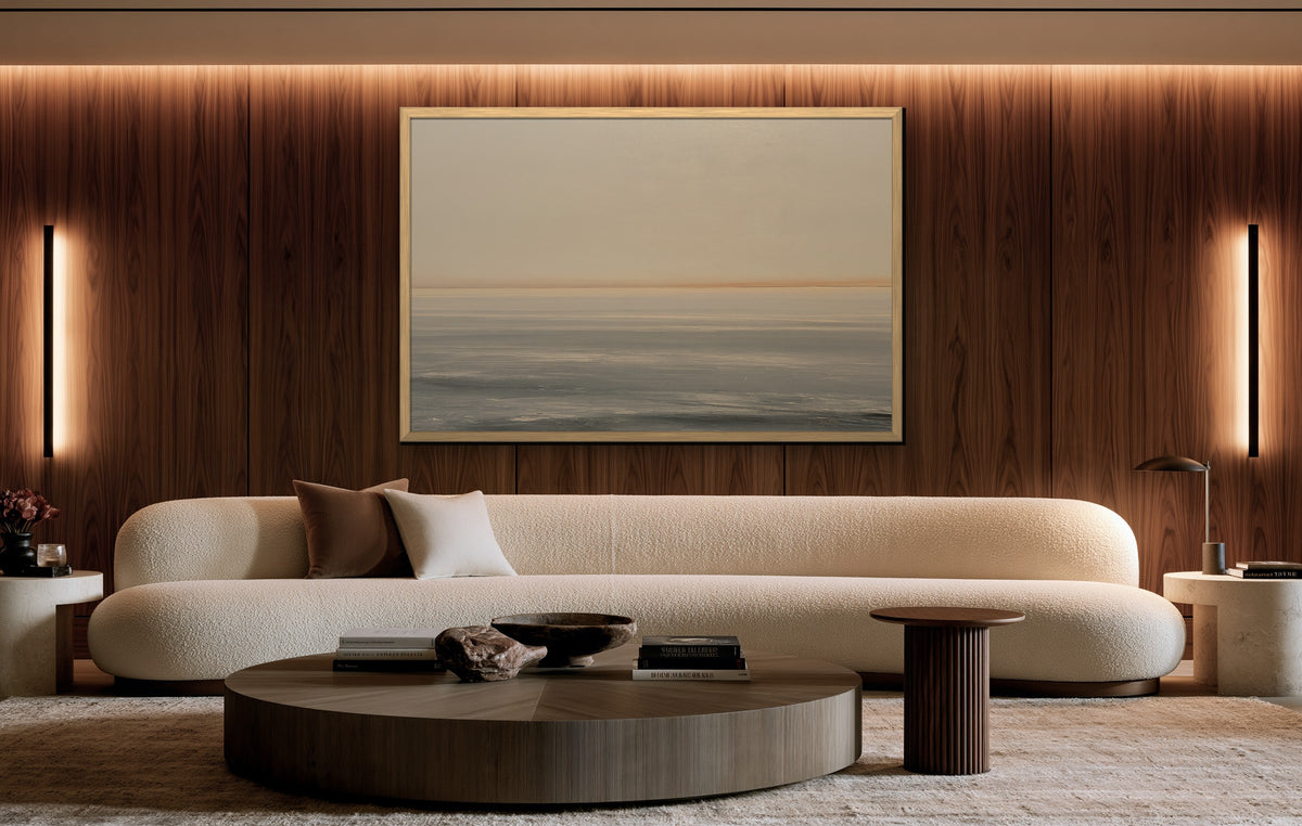 Ligne Dorée framed canvas in a walnut-paneled living room