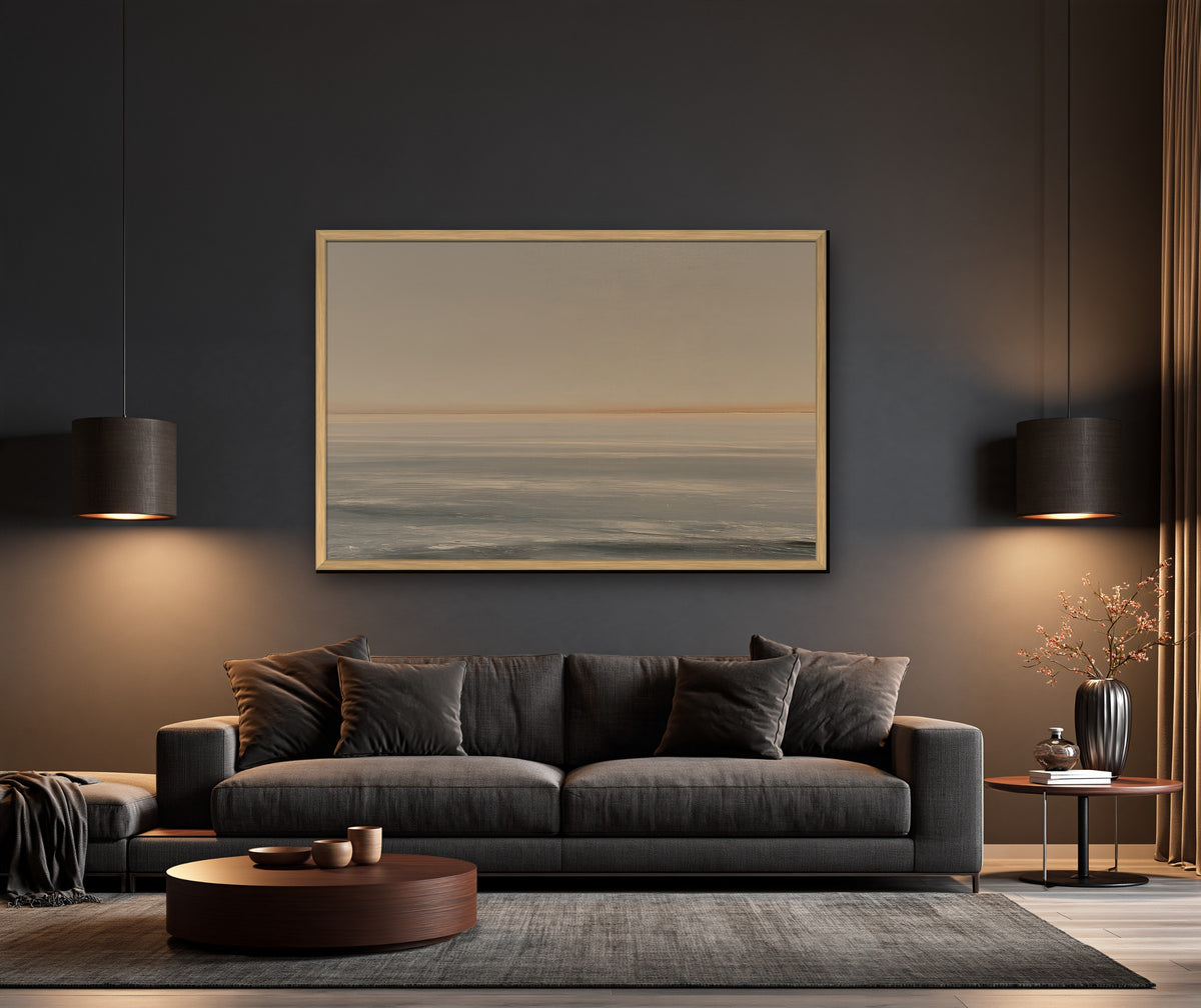 Ligne Dorée framed canvas in a dark living room
