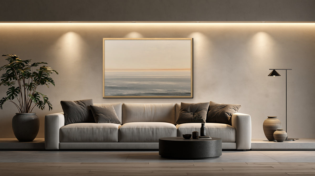 Ligne Dorée framed canvas in a concrete loft living room