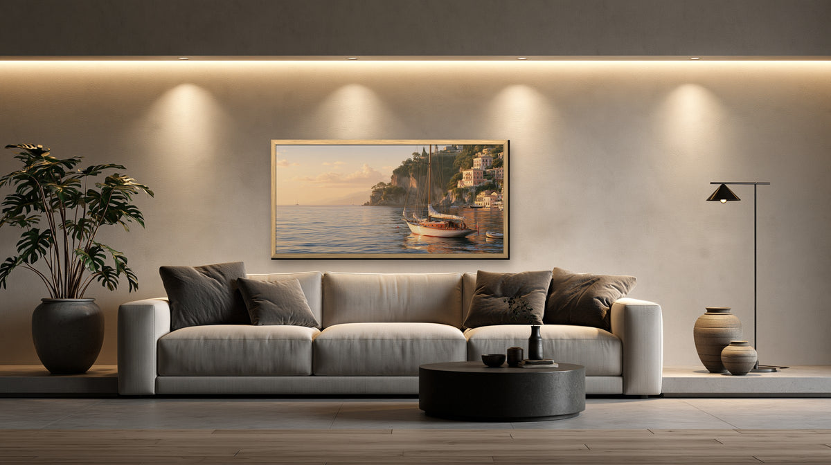 Le Port Doré framed canvas in a concrete loft living room