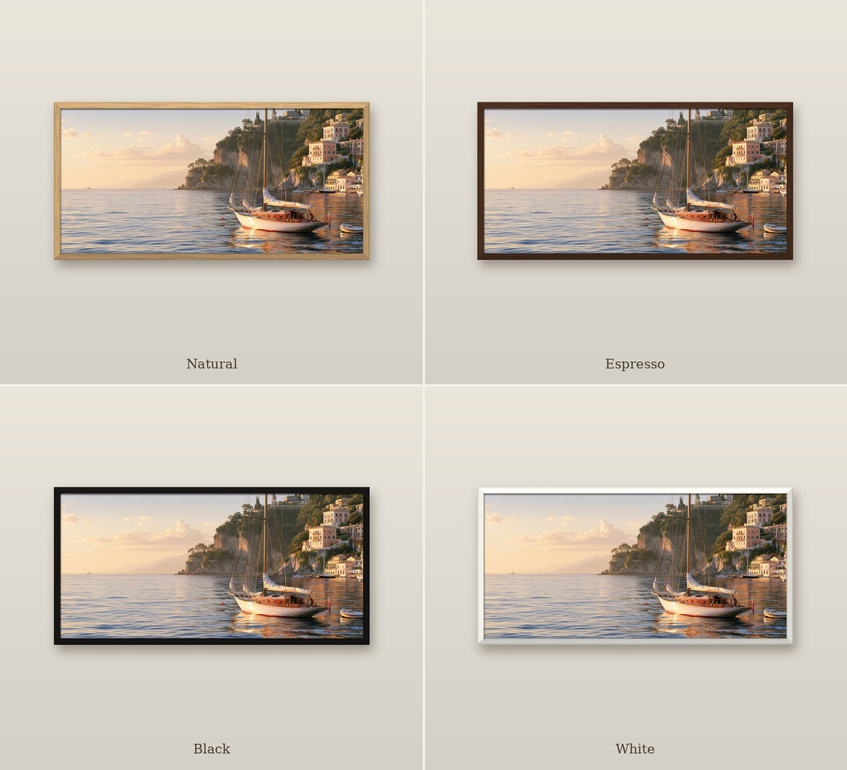 Le Port Doré framed canvas in four frame colors: Natural, Espresso, Black, White
