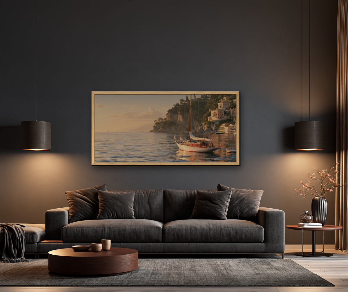 Le Port Doré framed canvas in a dark living room