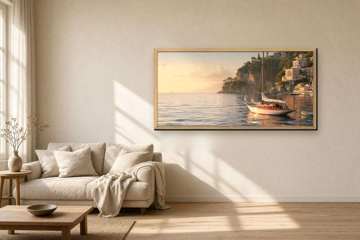 Le Port Doré framed canvas in a sunlit living room