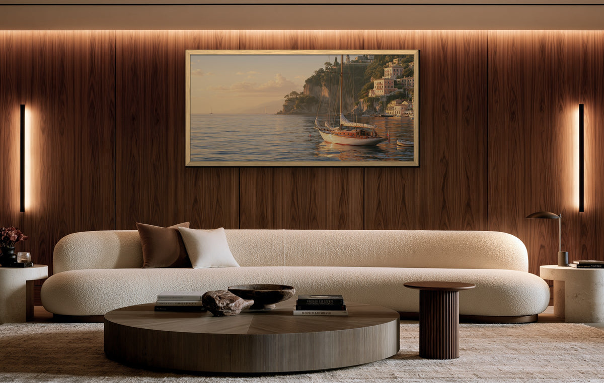 Le Port Doré framed canvas in a walnut-paneled living room