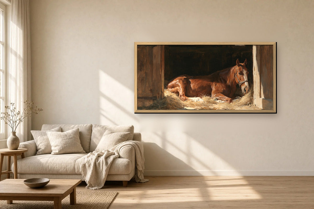 L'Écurie framed canvas in a sunlit living room