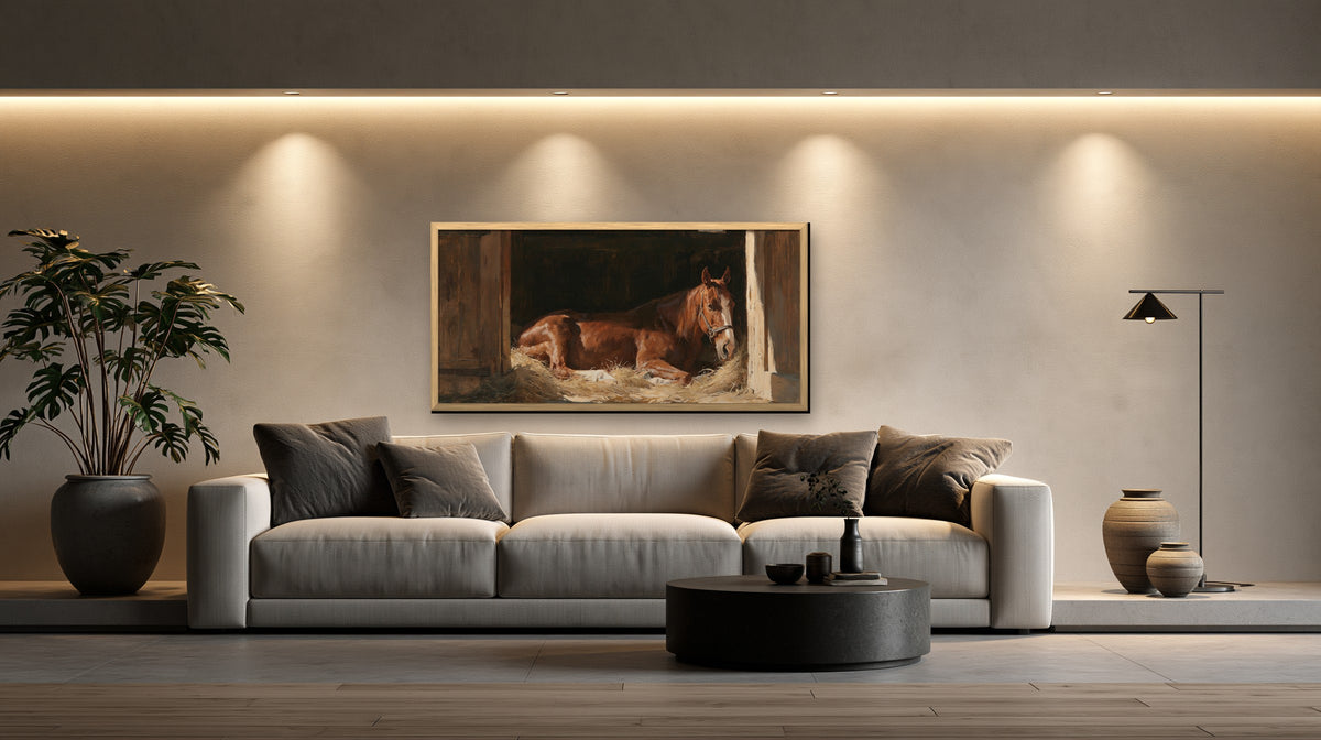 L'Écurie framed canvas in a concrete loft living room