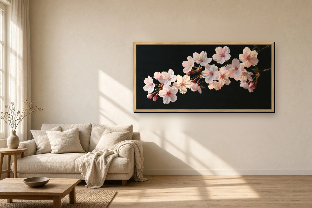 Sakura Nocturne framed canvas in a sunlit living room