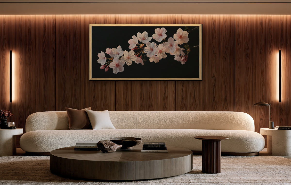 Sakura Nocturne framed canvas in a walnut-paneled living room