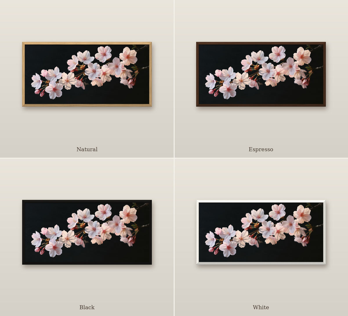 Sakura Nocturne framed canvas in four frame colors: Natural, Espresso, Black, White
