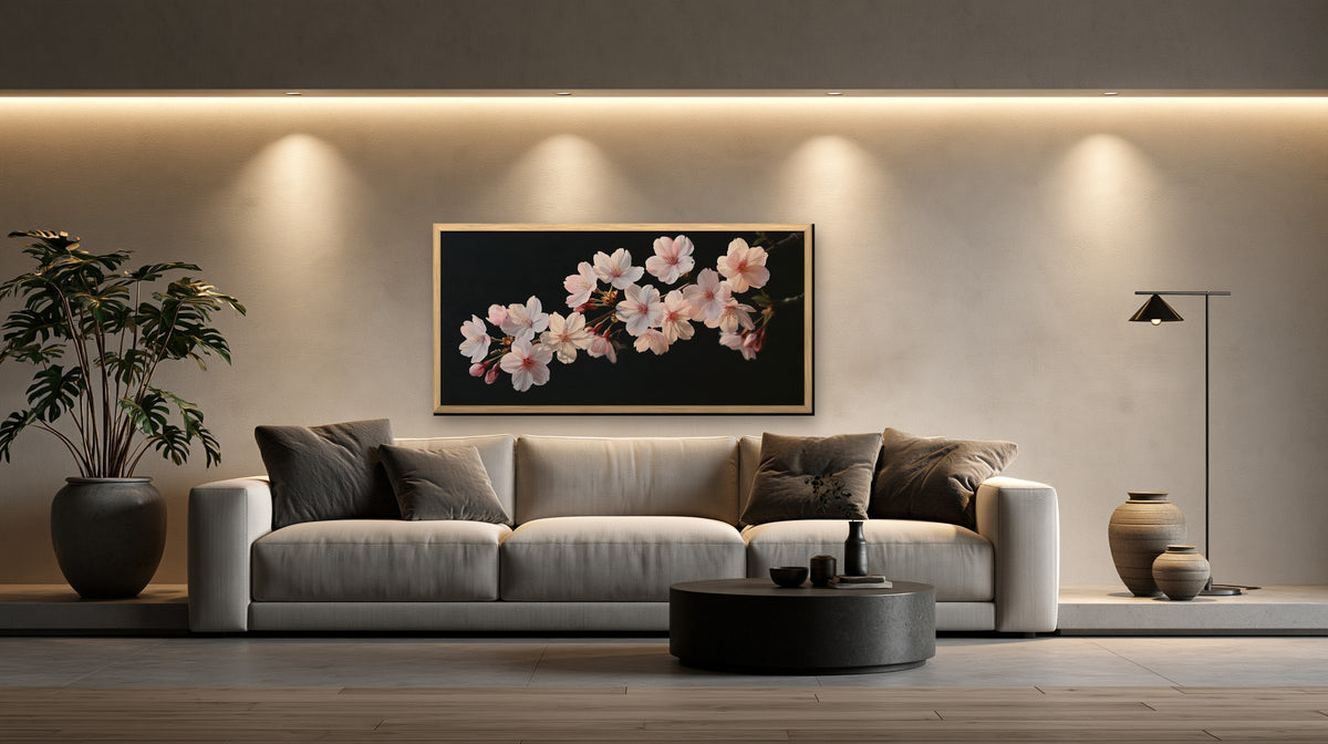 Sakura Nocturne framed canvas in a concrete loft living room