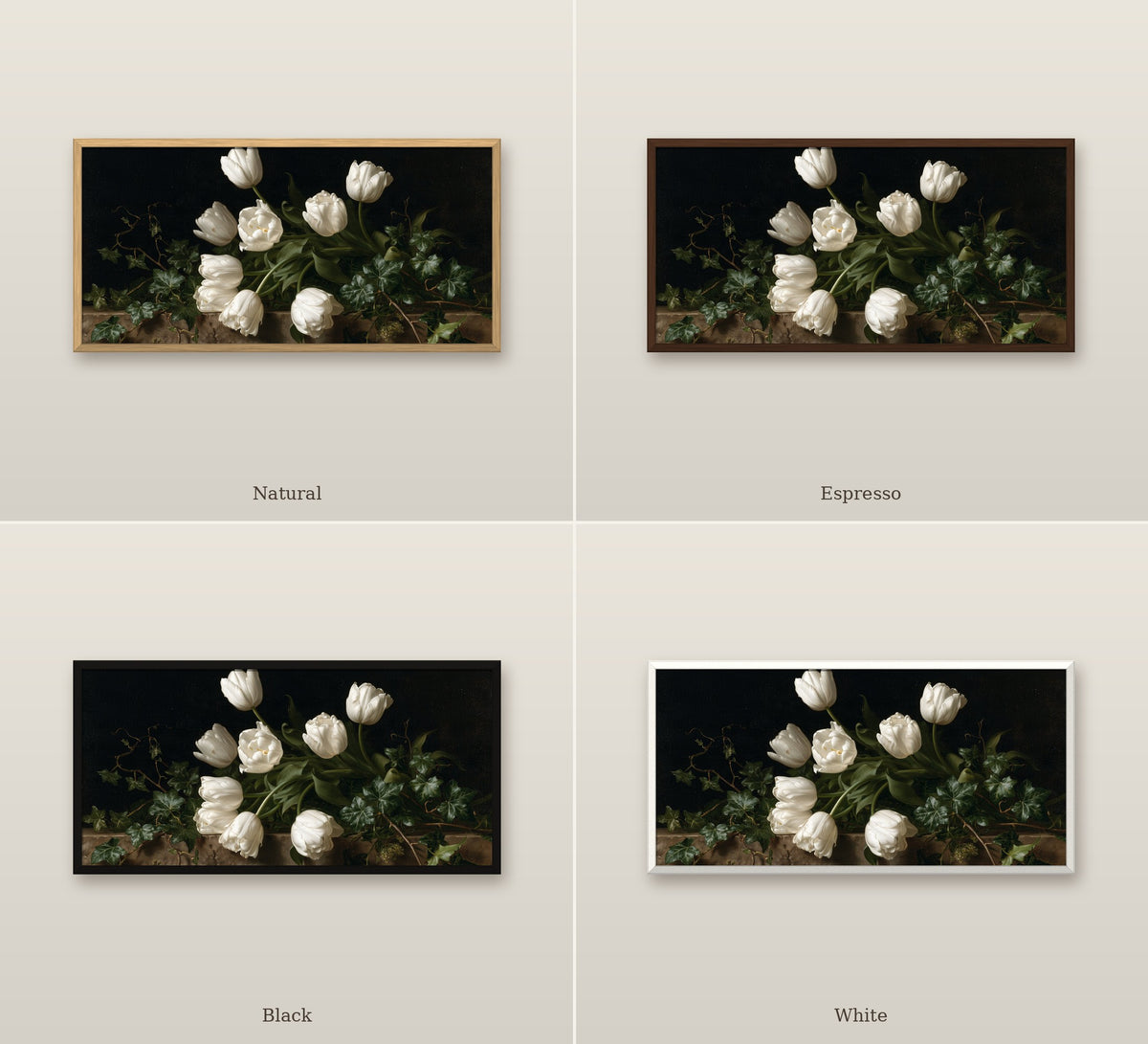 Tulipes et Lierre framed canvas in four frame colors: Natural, Espresso, Black, White