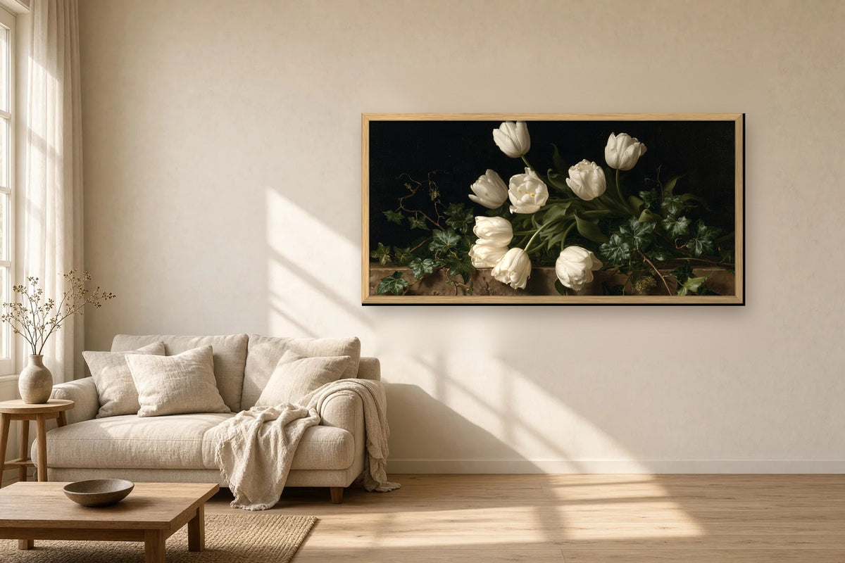 Tulipes et Lierre framed canvas in a sunlit living room