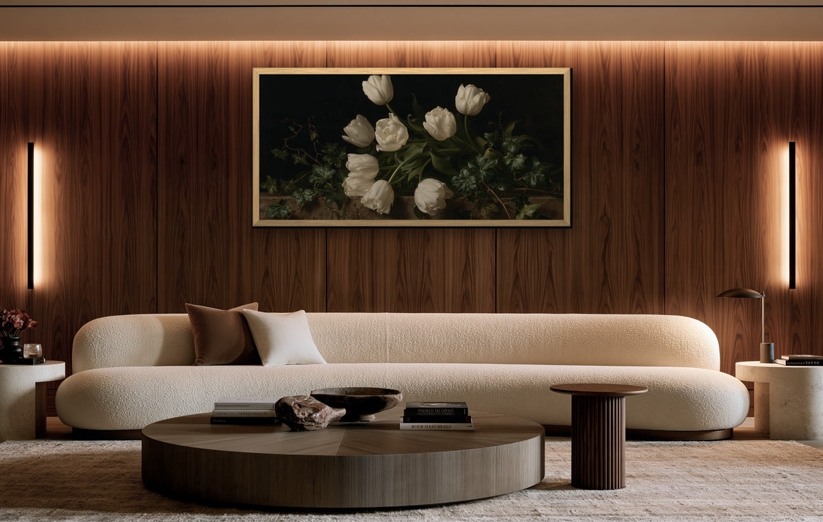 Tulipes et Lierre framed canvas in a walnut-paneled living room
