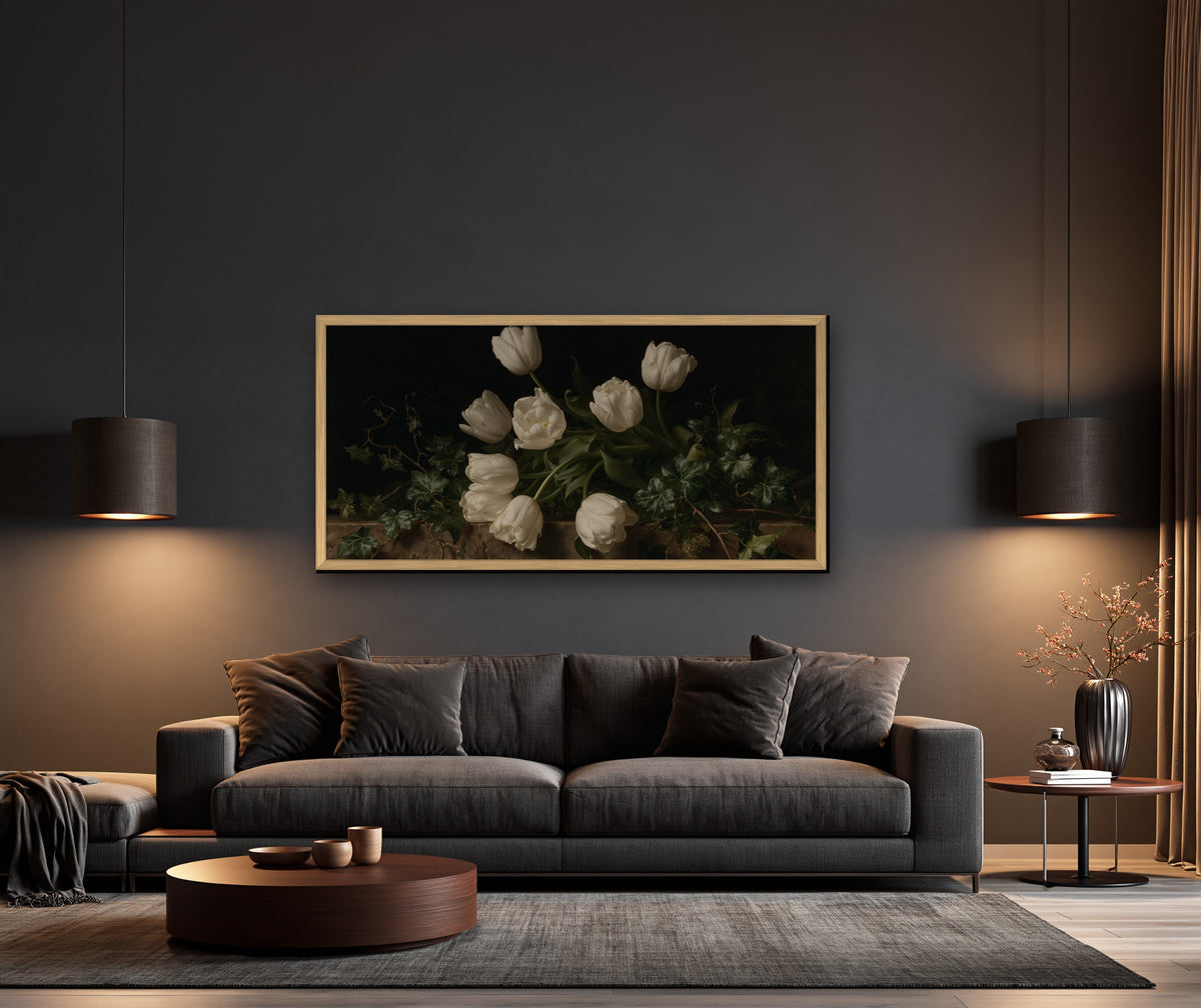 Tulipes et Lierre framed canvas in a dark living room