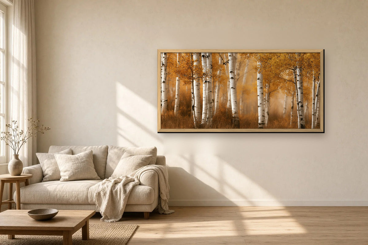 Tremble Doré framed canvas in a sunlit living room