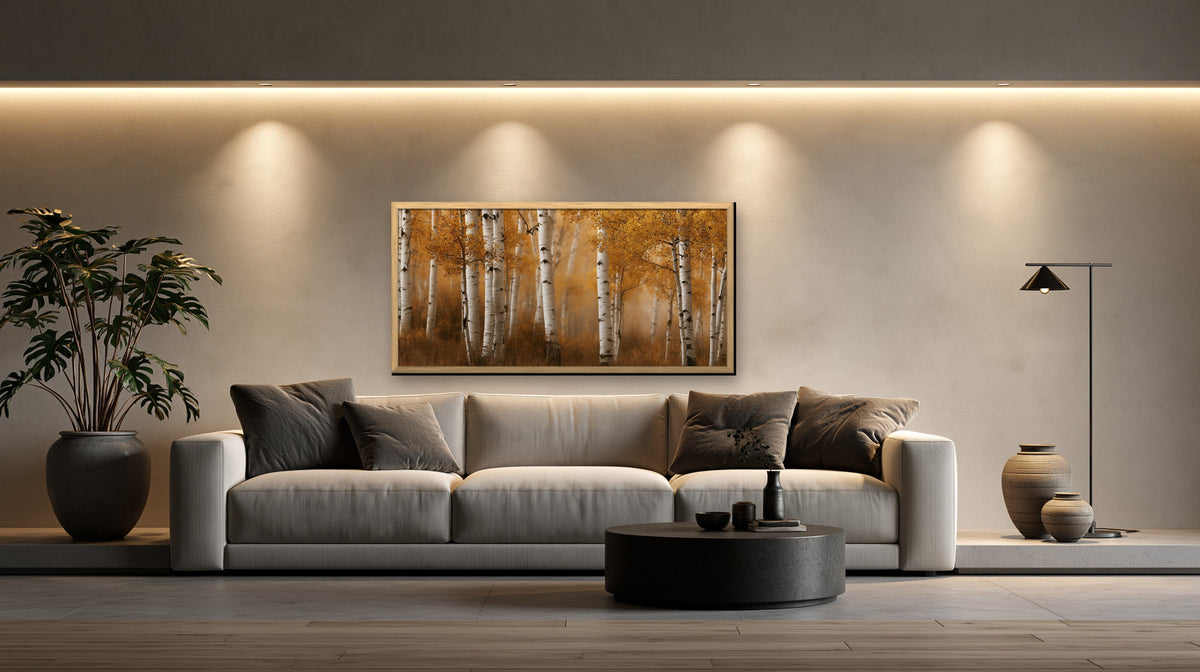 Tremble Doré framed canvas in a concrete loft living room