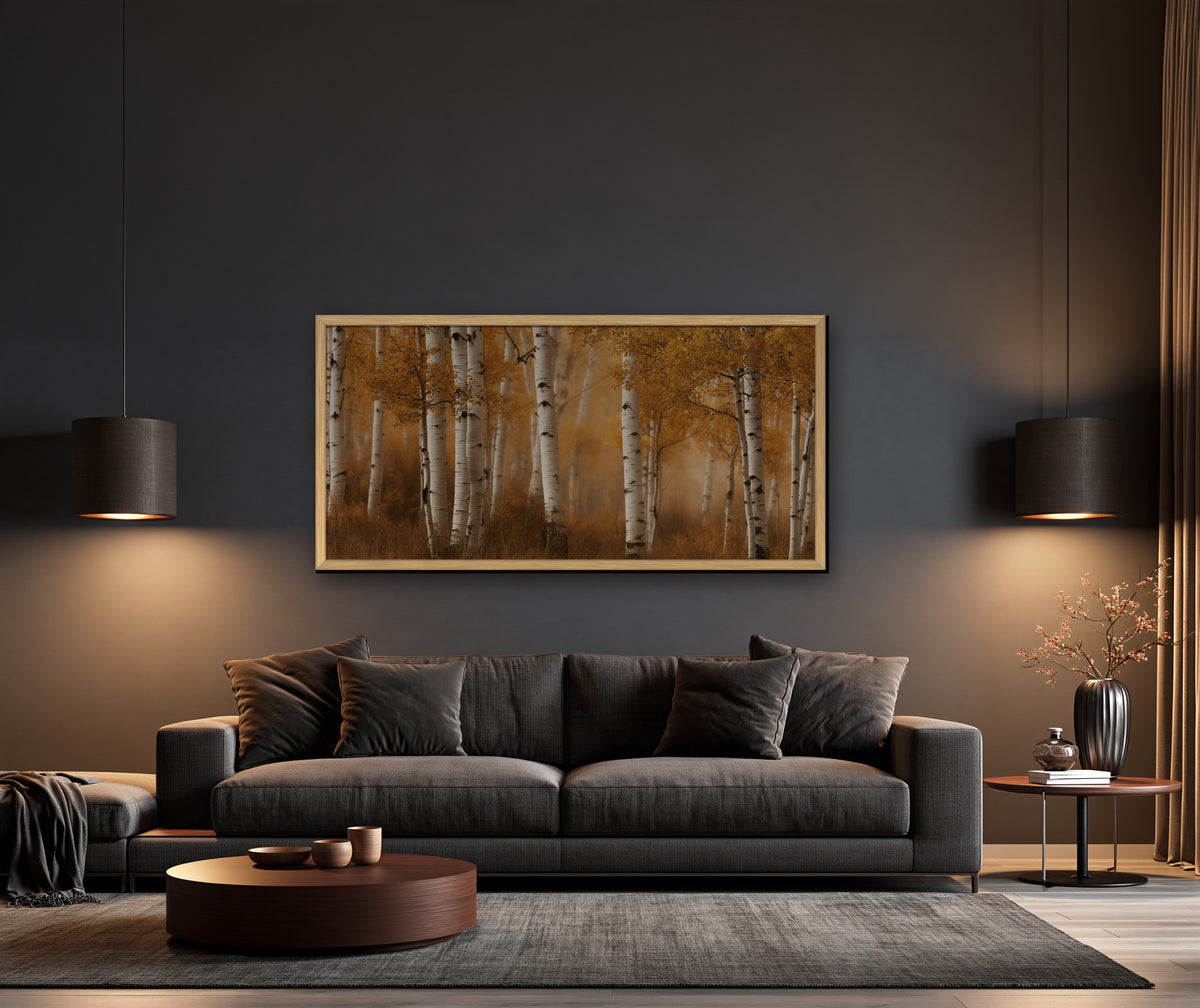 Tremble Doré framed canvas in a dark living room