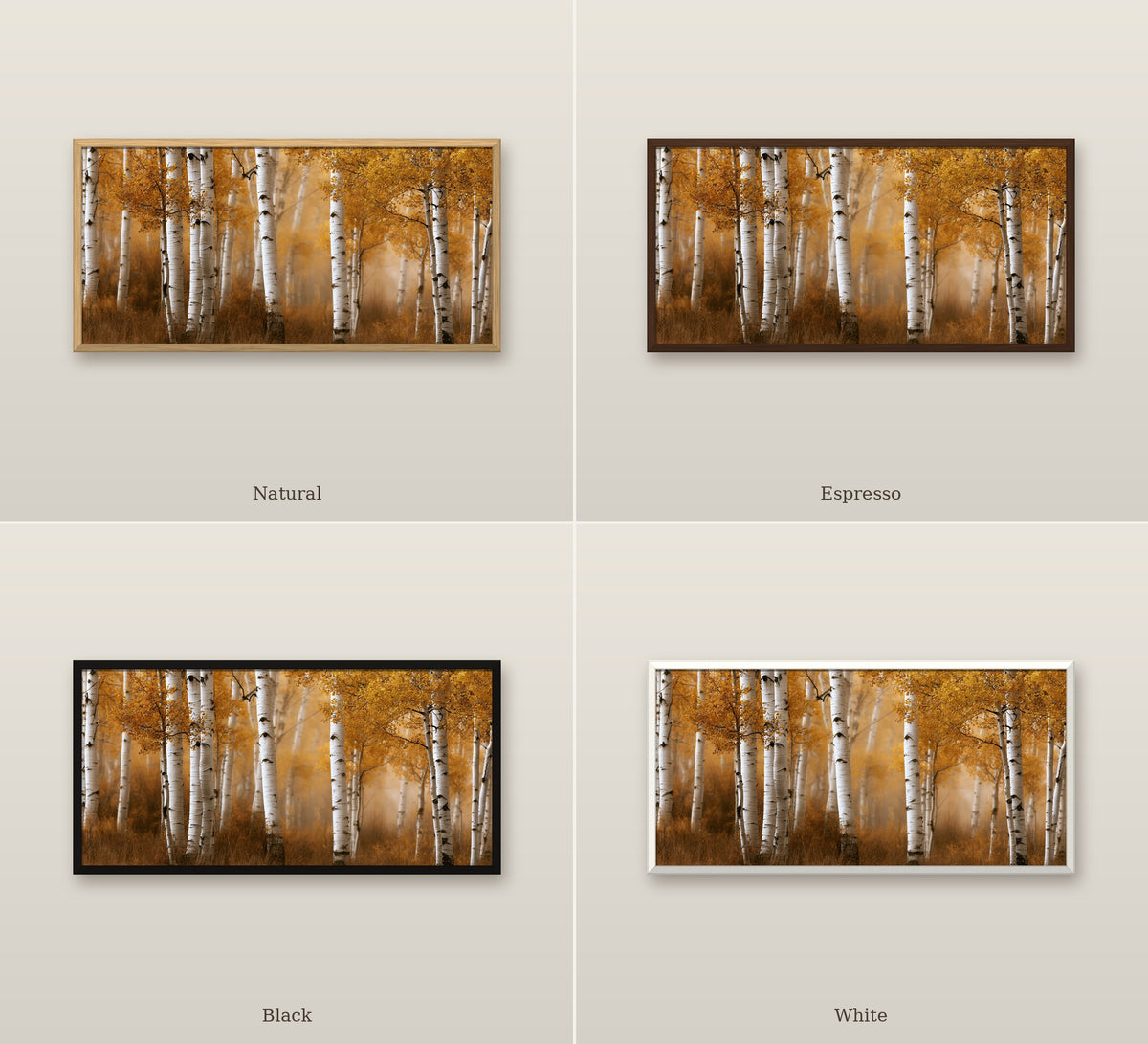 Tremble Doré framed canvas in four frame colors: Natural, Espresso, Black, White