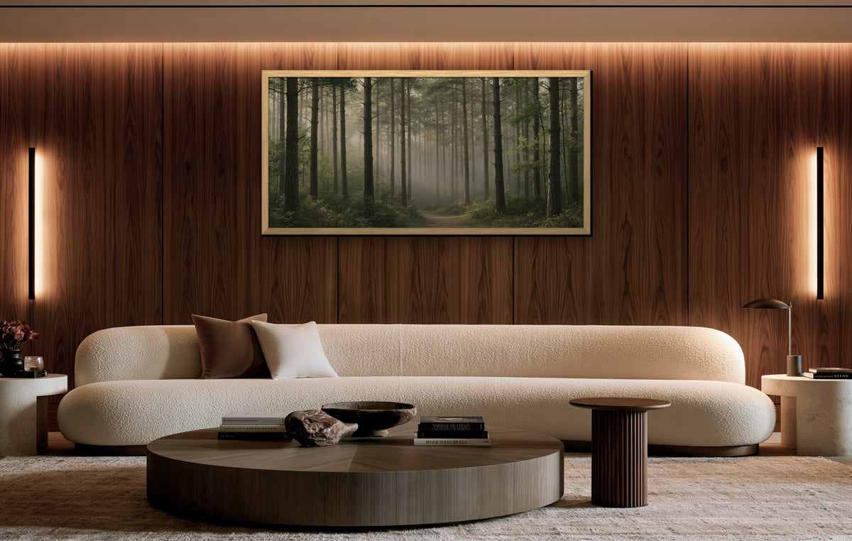 Sentier des Pins framed canvas in a walnut-paneled living room
