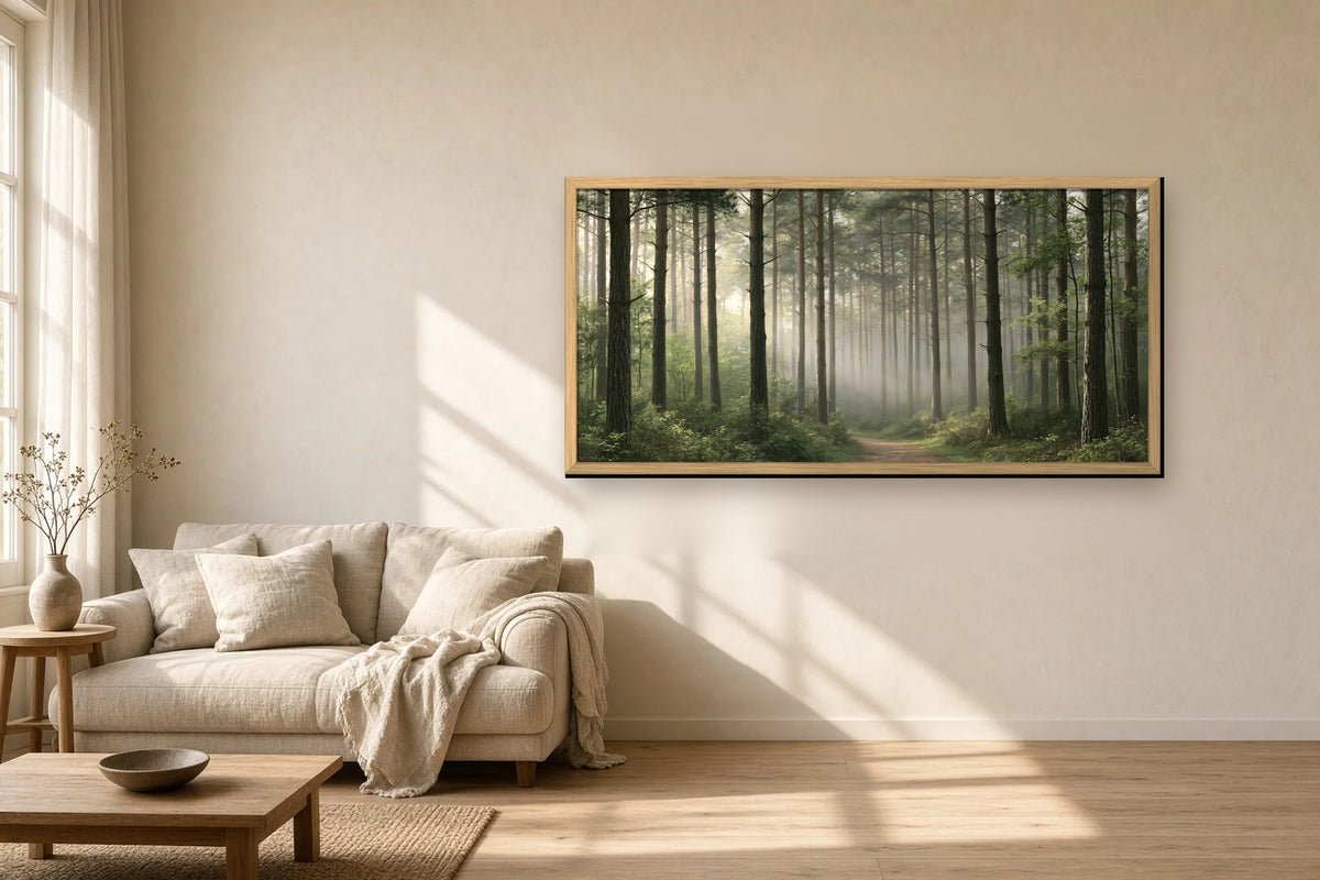 Sentier des Pins framed canvas in a sunlit living room