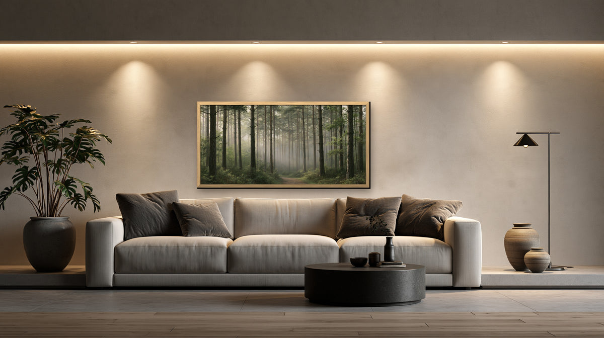 Sentier des Pins framed canvas in a concrete loft living room
