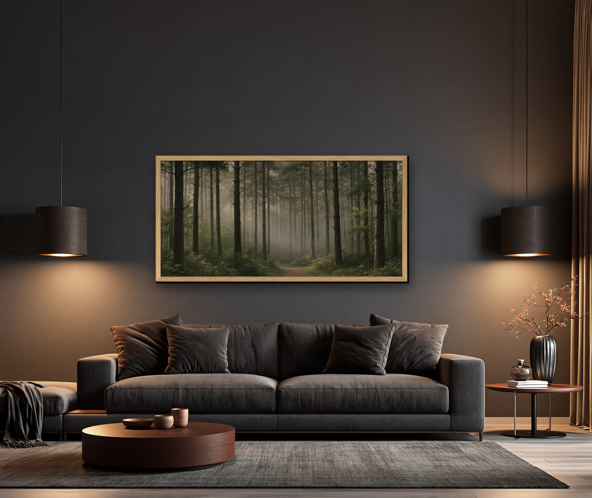 Sentier des Pins framed canvas in a dark living room