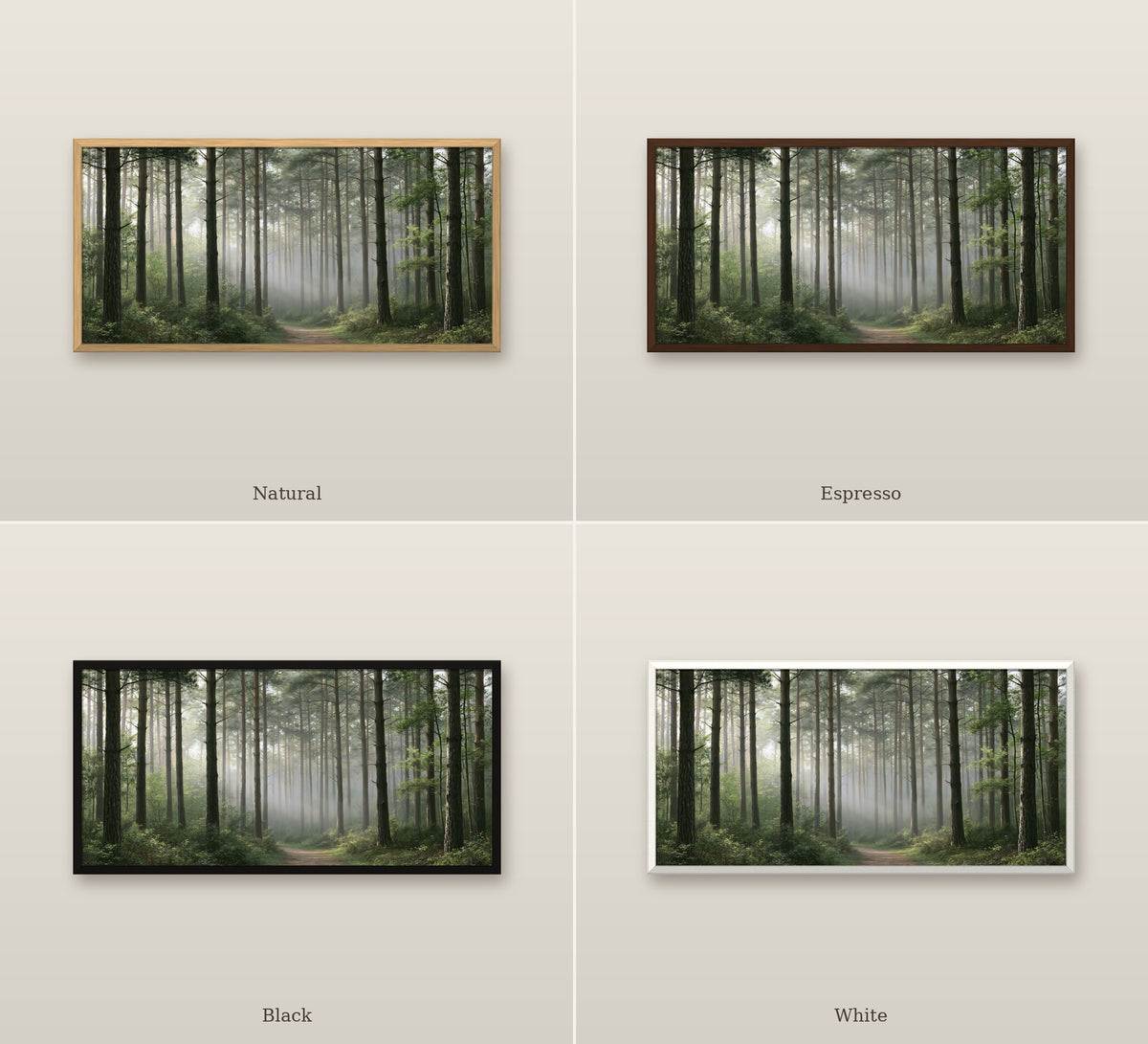 Sentier des Pins framed canvas in four frame colors: Natural, Espresso, Black, White