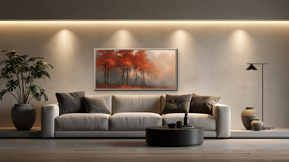 Forêt d'Automne framed canvas in a concrete loft living room