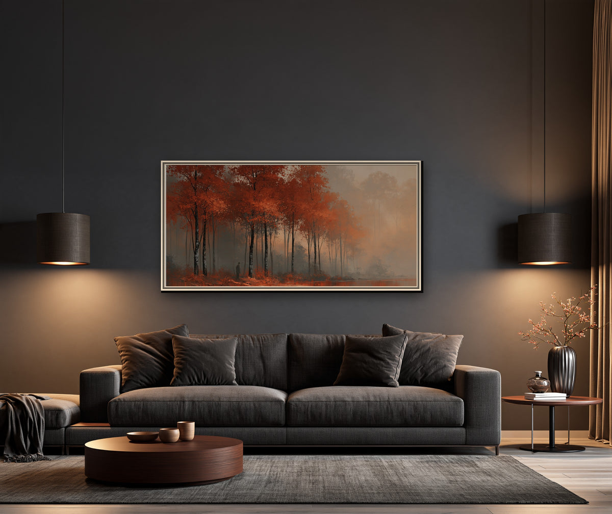 Forêt d'Automne framed canvas in a dark living room