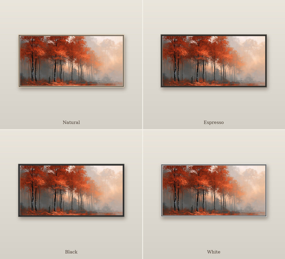 Forêt d'Automne framed canvas shown in Natural, Espresso, Black and White frames
