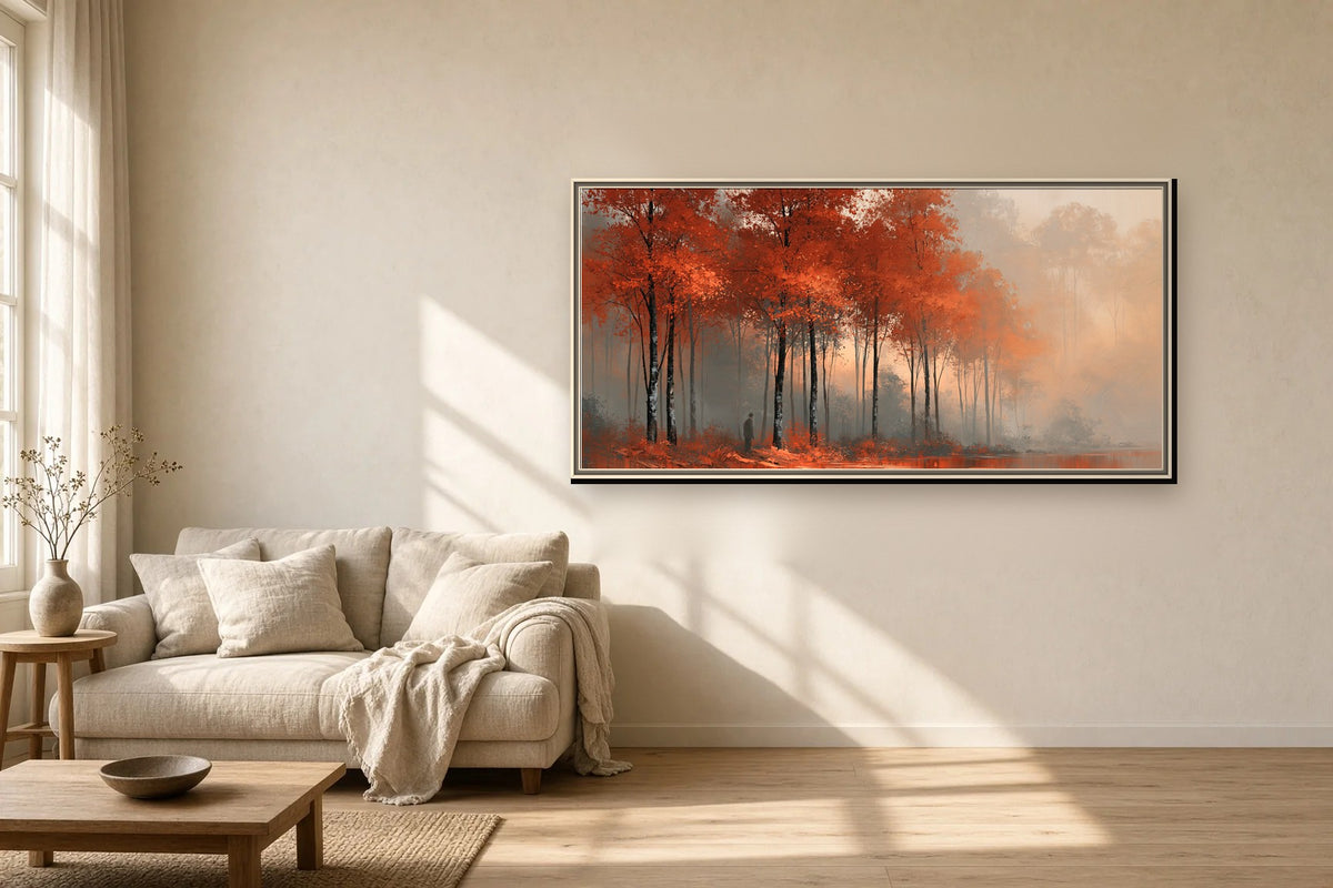 Forêt d'Automne framed canvas in a sunlit living room