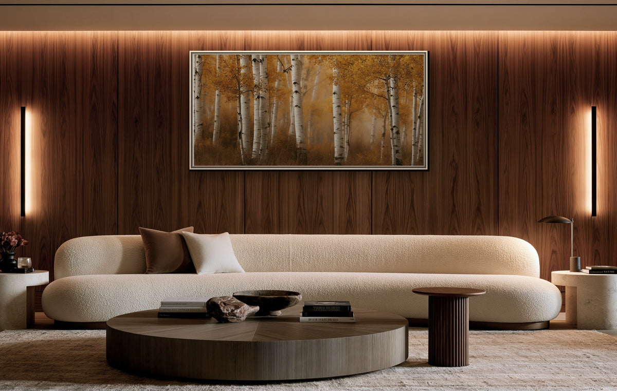 Tremble Doré framed canvas in a walnut-paneled living room